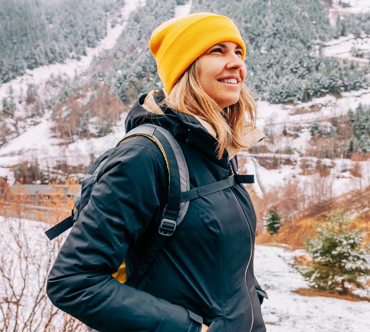 Woman hiking in the snow