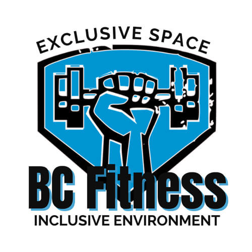 BC Fitness logo featuring a raised fist gripping a barbell inside a shield with the text “Exclusive Space” and “Inclusive Environment”