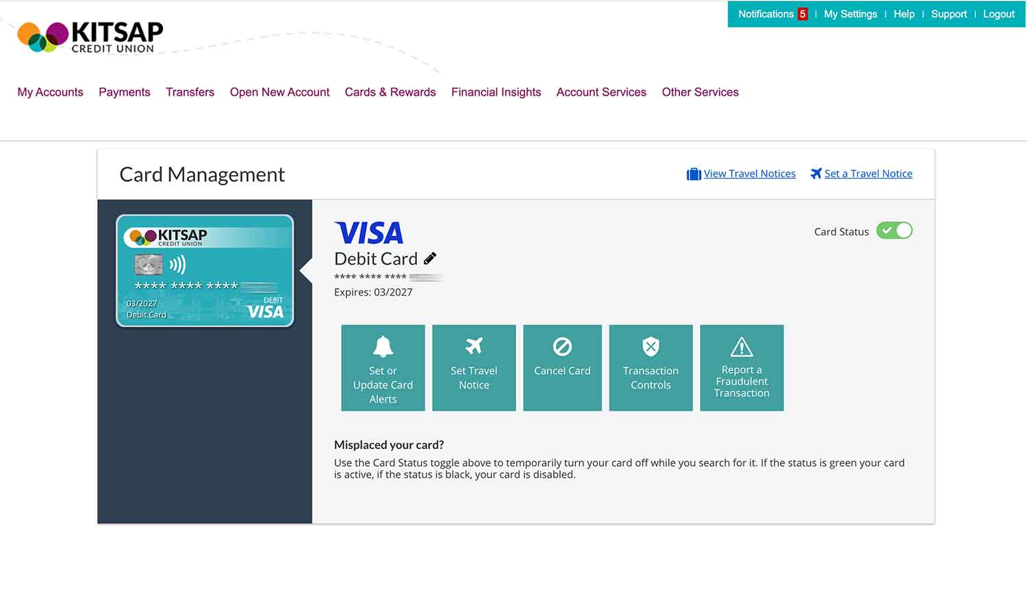 Card management user interface desktop.
