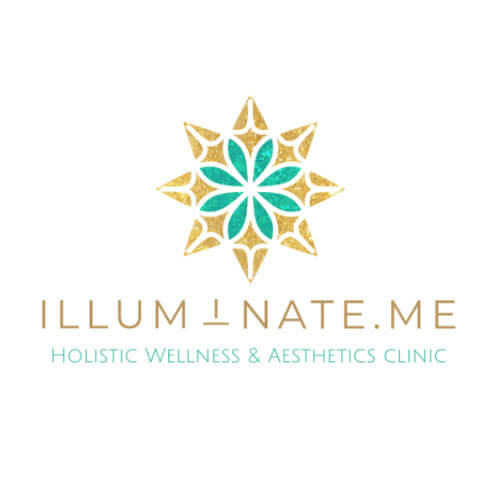 Illuminate.me holistic wellness and aesthetics clinic logo with a teal and gold geometric floral design and brand name on a light background