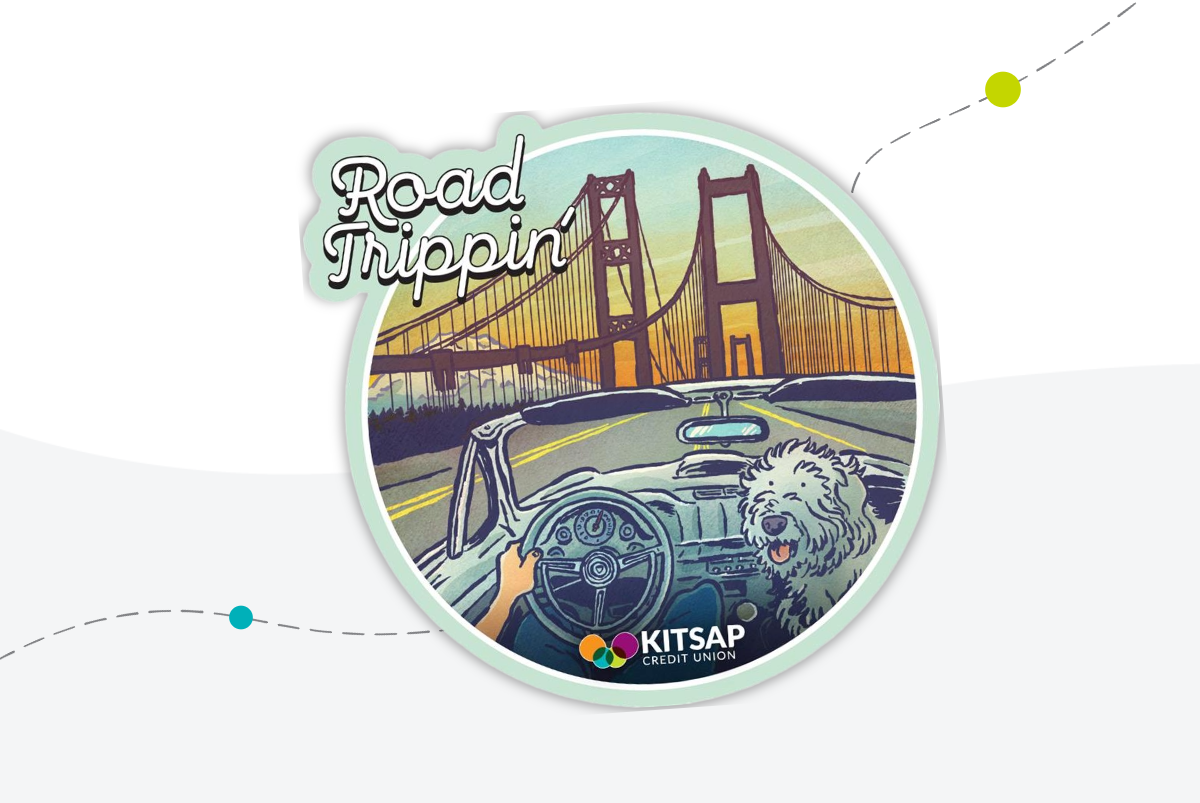 March Sticker with Tacoma Narrows Bridge and Car