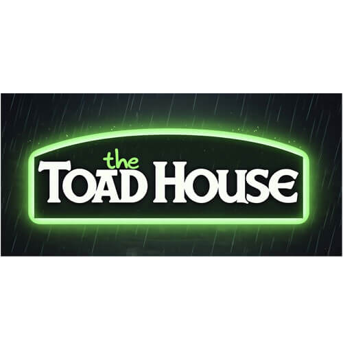 The Toad House logo displayed in white text with a glowing green neon outline on a dark background with rain streak effects