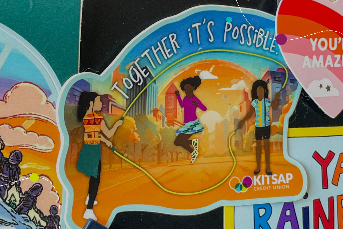 February Sticker of the Month featuring young children doing Double Dutch