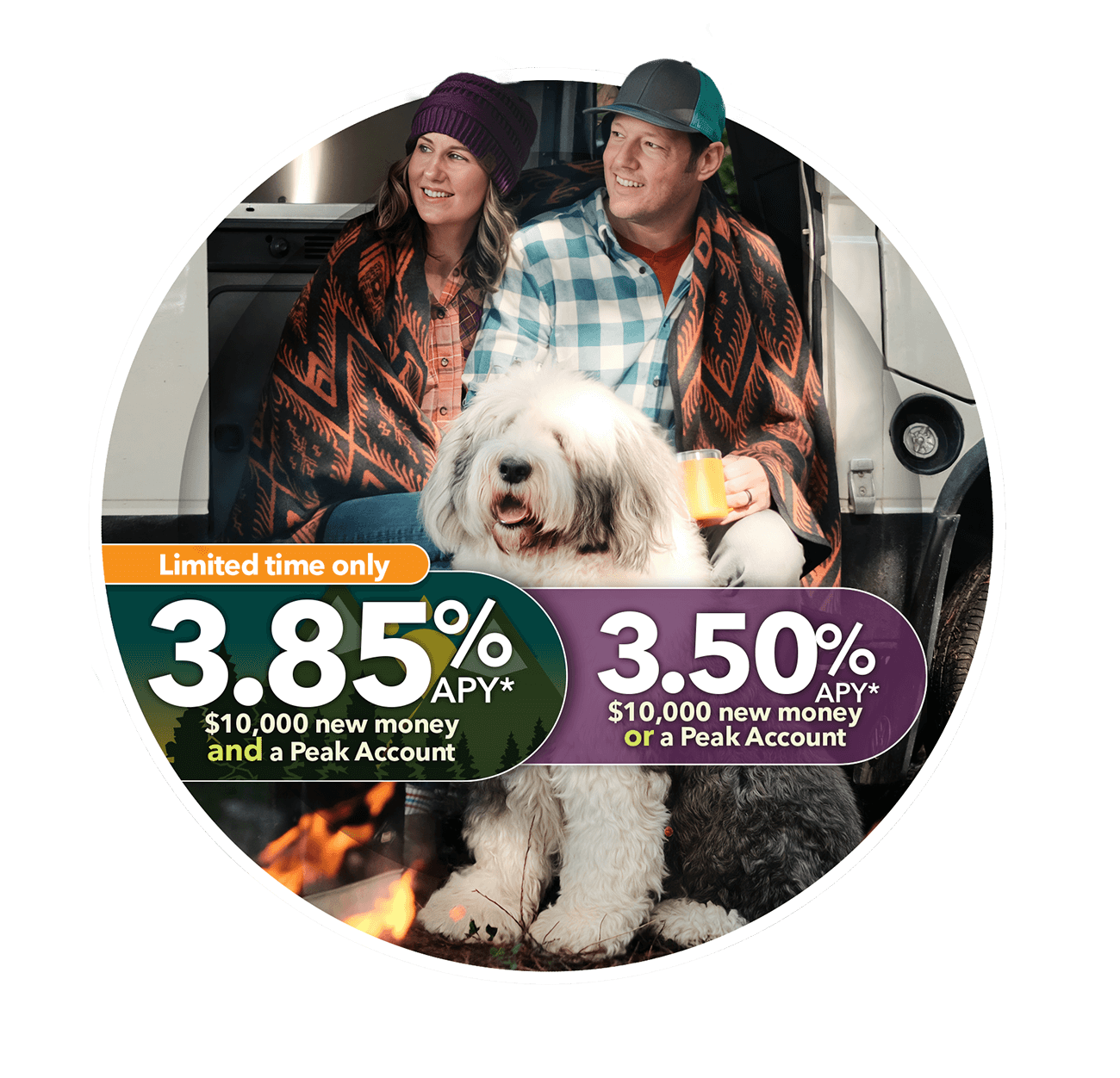 Couple camping with dog and smiling.