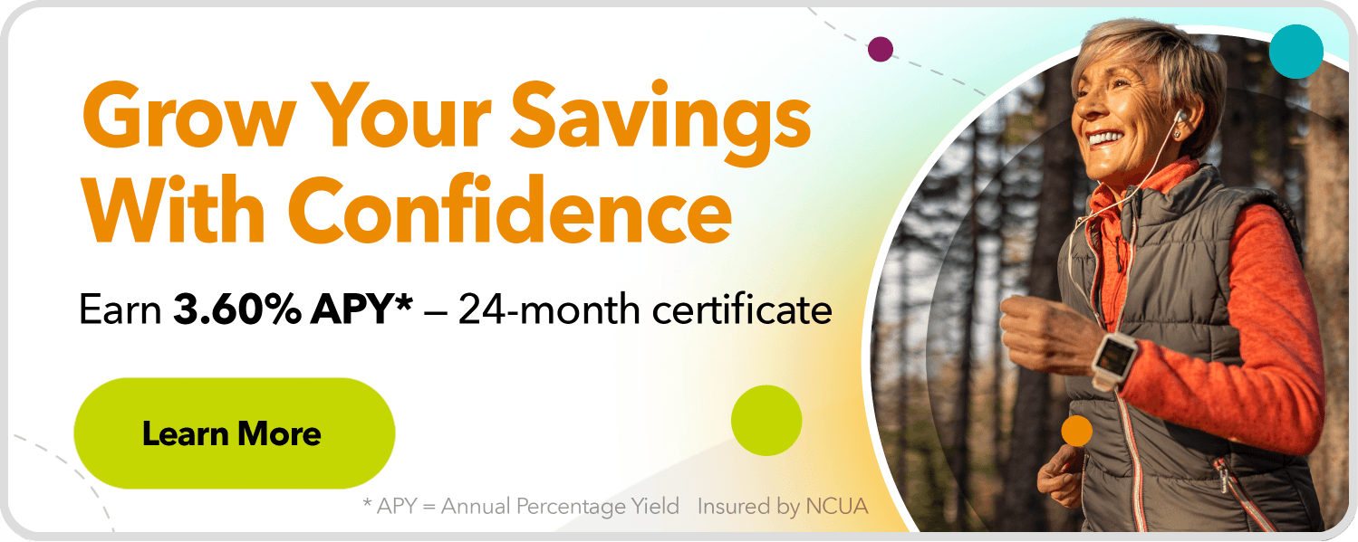 Banner promoting a 24-month certificate with 3.60 percent APY and the text “Grow Your Savings With Confidence” alongside a person jogging outdoors